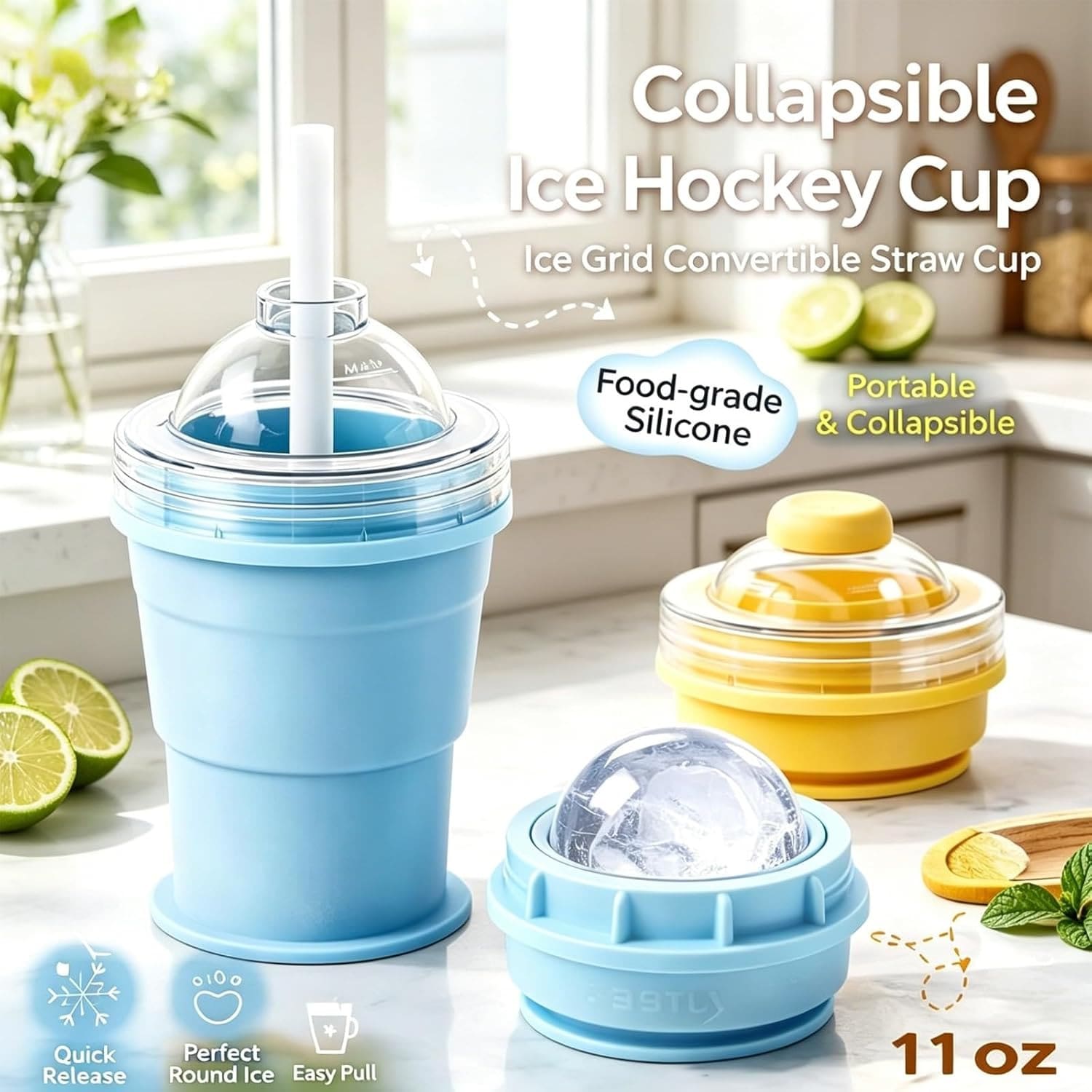 Portable Foldable Silicone Ice Cup With Built-In Straw, Ice Ball Mold, Essential For Summer Travel - Blue - View 1