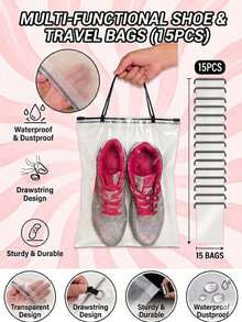 15PCS Transparent Shoe Storage Bags, Drawstring Waterproof Dustproof Organizer Pouches For Travel, Closet, Gym - View 11