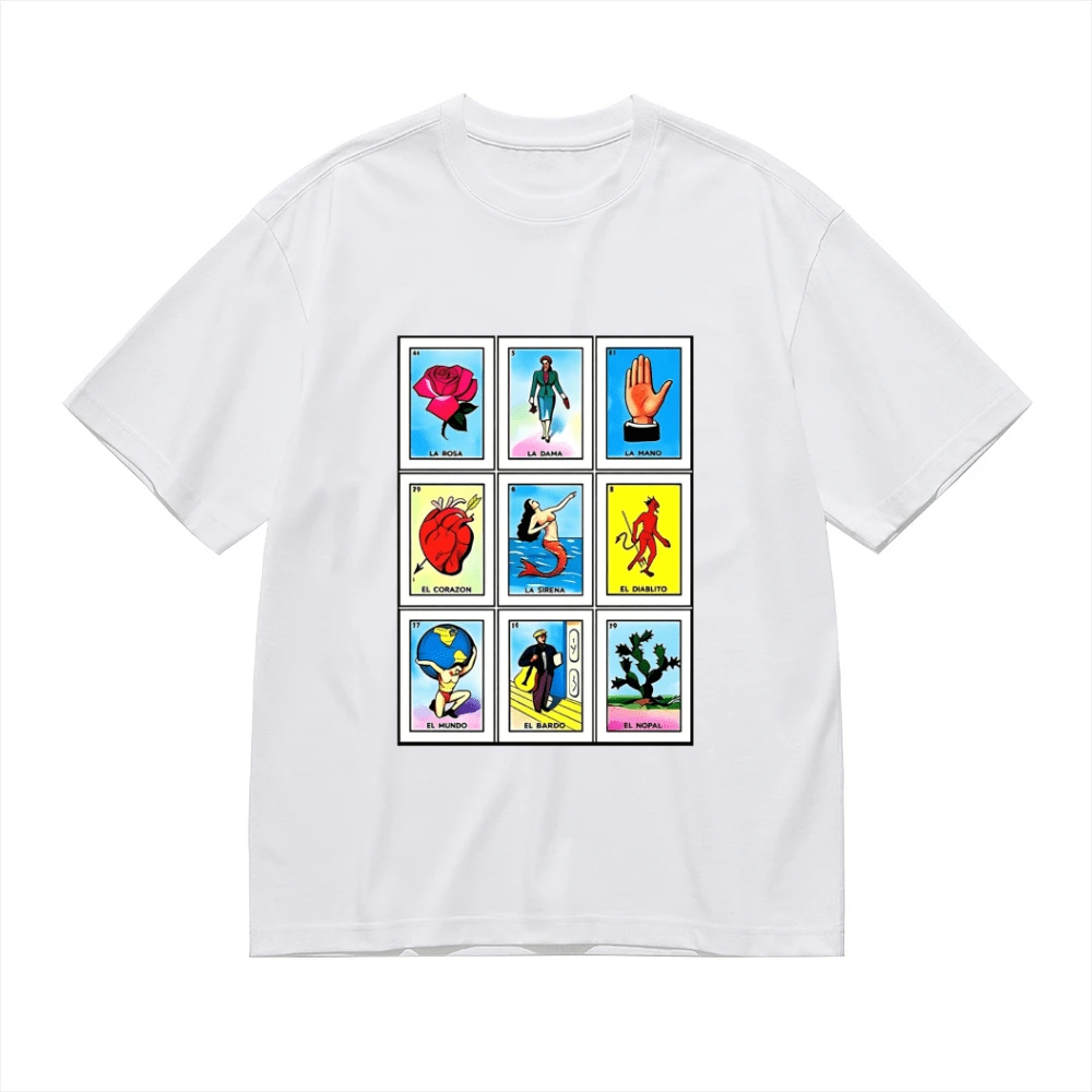 Colorful Illustration Depicting Traditional Mexican Playing Cards With Symbols Such As The Rose, Heart, Mermaid, And The World, Celebrating Latin Culture. Women's T-Shirt, 100% Cotton - 白色 - 查看 1