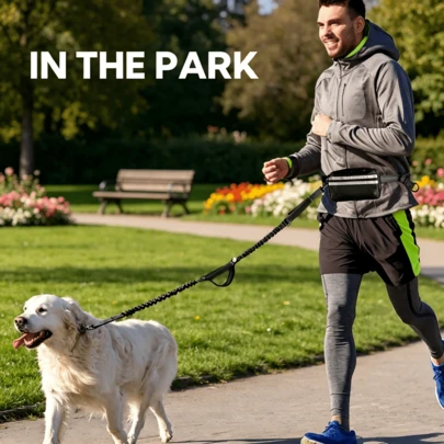 Zippered Pocket Double-Layer Thick Handle Hands-Free Dog Leash, Suitable For Medium & Large Dogs, Retractable Elastic Waist Belt Style For Walking, Jogging, Running