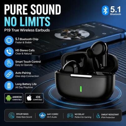 TWS Bluetooth Wireless Earbuds – HiFi Stereo In-Ear Headphones With Deep Bass, HD Microphone, Smart Touch Control & Charging Case For Sports, Gaming, Travel, Music & Daily Use