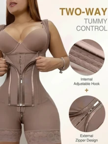 [[Solid Color Shaping Bodysuit] Adjustable Shoulder Straps For Abdominal Control Shaping Bodysuit | High Compression Elastic Fiber Strong Support Abdominal Shaping Bodysuit, Double-Layer Zipper+Buckle Design Suitable For Casual And Sports Occasions, Elegant Design With Strong Support Lines, Waist Trainer - 玫瑰紫色 - 查看 3