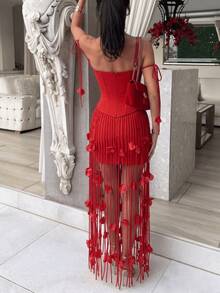 Fashionable Sexy Elegant Off-Shoulder Rose Flower Tassel Design Fitted Short Party Evening Dress - Red - View 4