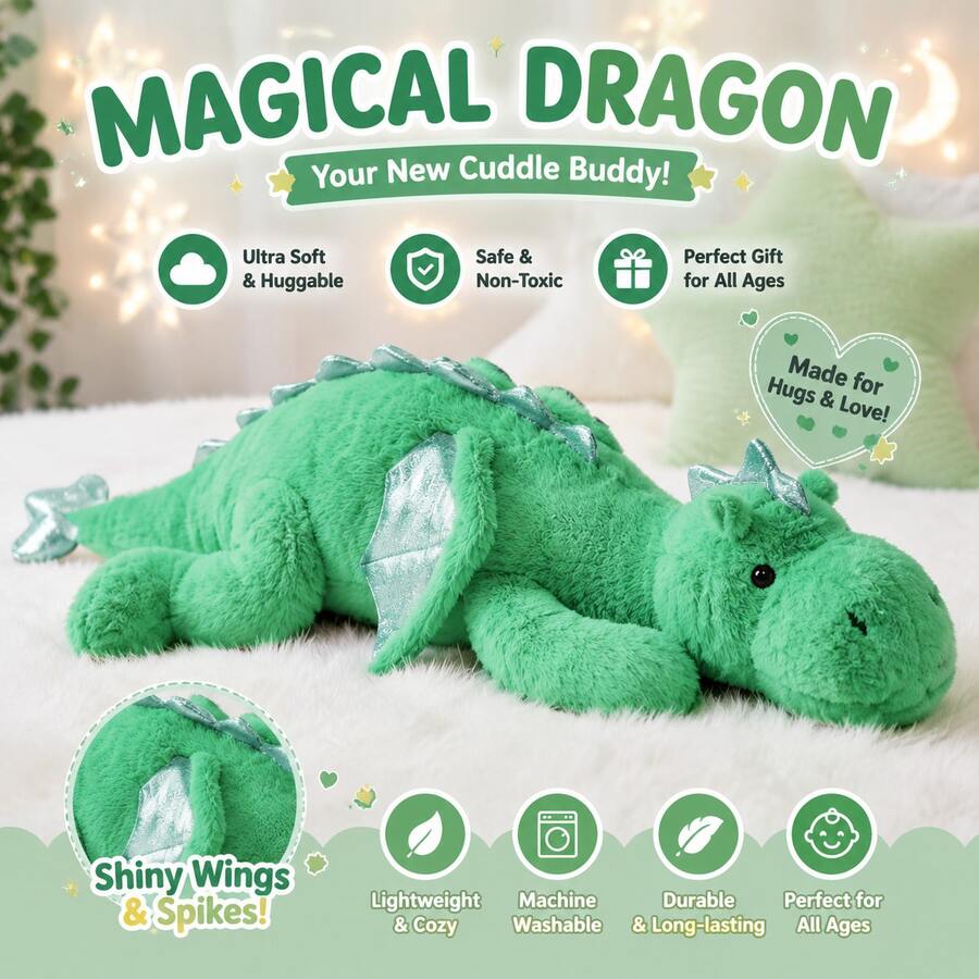 Dragon Stuffed Animals, Squishy Dragon Plush – Birthday Gifts, Graduation Gifts, Gifts For Boyfriend, 35.4in/45.2in Dragon Plushie, Kids & Adults Toys, Christmas Gifts, Pillows & Stocking Stuffers - 綠色 - 查看 1