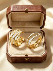 2 piezas Conjunto de brazaletes minimalistas de estilo empresarial con esmalte, onda asimétrica y hueco, pulsera de acero inoxidable adecuada para el atuendo diario de las mujeres, fiesta, ocasión formal, viaje al trabajo, ropa de negocios, regalo para amigos - Amarillo Oro - Ver 4
