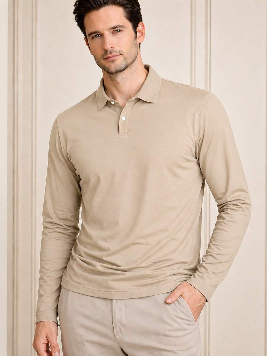 Men's Basic Plain Long-Sleeve Polo Shirt - Beige - View 1