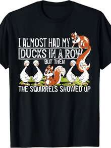 Ducks Lined Up Next To Playful Squirrels Symbolize The Contrast Between Order And Spontaneity, Conveying Humor And Positive Energy. Comfortable Casual Women's T-Shirt For Everyday Wear - 黑色 - 查看 8