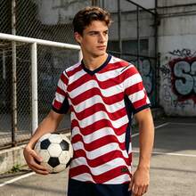 Men's American National Team Inspired Football Shirt, Red White Jersey With "USA"  & Navy Accents, Sportswear For Fans, Outdoor Sports & Events - 彩色 - 查看 6