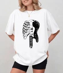 Graphic Rock T-Shirt With Guitar And Skeleton, Unisex Relaxed Fit - White - View 7