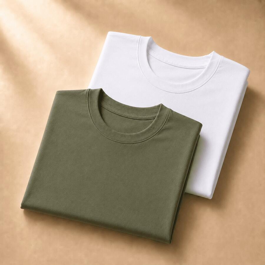 Set Of 2 Short-Sleeve Egyptian Cotton T-Shirts - White and Military Green - View 1