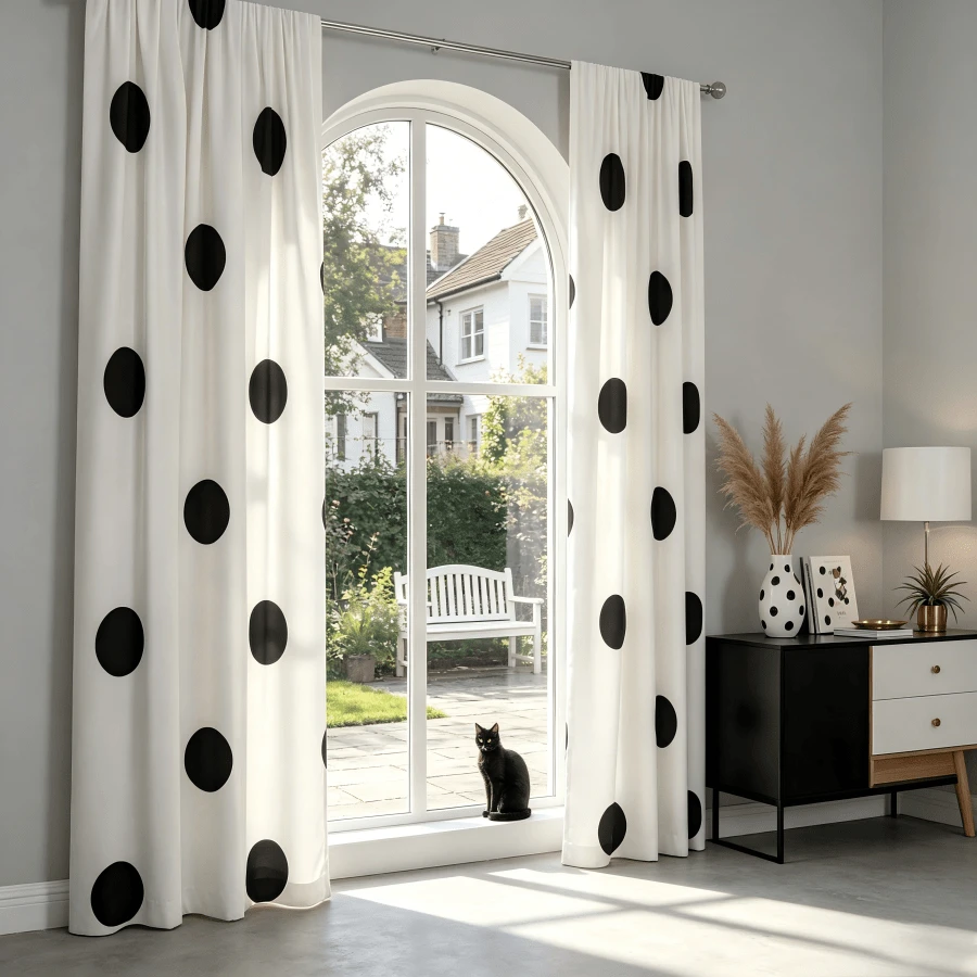 2 peças de Cortinas Clássicas com Bolinhas Pretas, com Estampa Plana 2D de Padrões Circulares Pretos que Incorporam um Estilo Moderno e Minimalista. Leves e Semitransparentes, são adequadas para Salas de Estar, Quartos e Diversos Ambientes de Decoração Doméstica. - Multicolorido - Visão 1