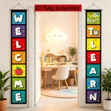 2D Flat 2pcs Back-To-School Season Welcome Decorative Door Couplets, Back-To-School Theme Learning Slogans Decorative Door Flags, Campus Classroom Decorative Banners, Back-To-School Activity Entrance Porch Door Hanging Curtain, Polyester Material - A - View 5