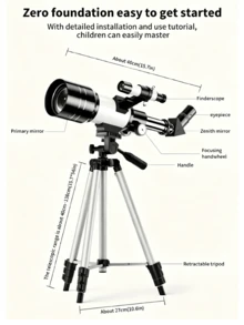 1PC 70mm Refractor Astronomy Telescope With Tripod, Portable 150X High Power Travel Telescope For Beginners Kids, Moon Star Observation Outdoor Camping Gear, Ideal Educational Gift For Children - Black and White - View 8