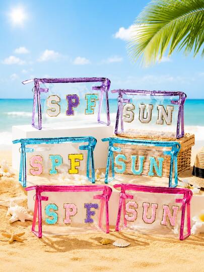 1pc Waterproof Transparent SPF Makeup Bag, PVC Zipper Toiletry Sunscreen Storage Pouch, Portable Travel SPF Sunscreen Chenille Patch Cosmetic Bag, Vinyl Plastic Storage Box, Suitable For Vacation, Bathroom, Summer Beach, Swimming, Travel