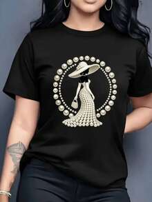 Figure Of An Elegant Woman Formed By Pearls That Symbolize Luxury, Confidence And Inner Beauty Surrounded By A Circle Of Light That Reflects The Art Of Modern Femininity. Comfortable Casual Women's T-Shirt For Everyday Wear - 黑色 - 查看 8