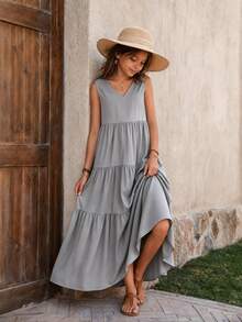 Women's Sleeveless V-Neck Tiered Maxi Dress,Solid Color Casual Swing Dresses,Summer Dress,Plus Size Dresses For Women,Pride,Elegant Dress For Women - 灰色 - 查看 2