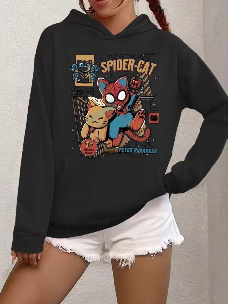 Kangaroo-Style Hooded Sweatshirt For Cold Weather, Printed Design: Spider Cat - Special New Arrival For Winter 2026. Comfortable And Practical. - 黑色 - 查看 1