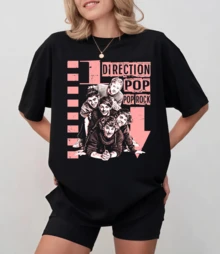 One Directions Tee With Band Portrait And "Pop Rock" Text, Unisex Relaxed Fit - Black - View 1