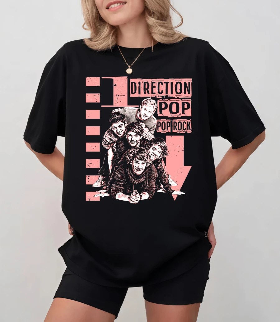 One Directions Tee With Band Portrait And "Pop Rock" Text, Unisex Relaxed Fit - Black - View 1
