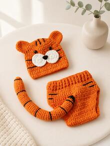 2 Stück Neugeborenen Fotografie Outfit, süßes gestricktes Tiger Themen Kostüm, Baby Jungen/Mädchen Geburts Fotografie Requisite, Gender Reveal Geschenk - Verschiedenfarbig - Übersicht 5