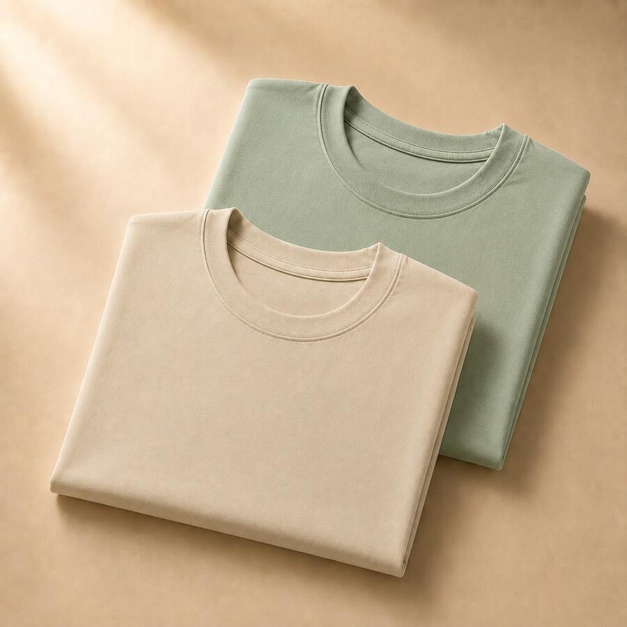 Set Of 2 Short-Sleeve Egyptian Cotton T-Shirts - Beige and Aqua Green - View 1