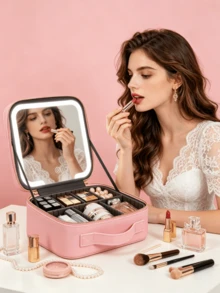 Mallette de maquillage de voyage éclairée par LED avec miroir, séparateurs réglables, boîte de rangement de cosmétiques grande capacité, peut ranger les rouges à lèvres, les pinceaux de maquillage, les soins de la peau, le téléphone, les pièces de monnaie, etc., sac de maquillage de voyage, miroir de maquillage, cadeau parfait - Multicolore - Voir 11
