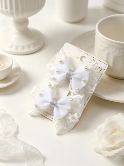 2pcs/Set French White Mesh Lace Bow Hair Clips, Gentle Side Duck Clip, Pearl Decor Bangs Clips, Commuter Essential Hair Accessories