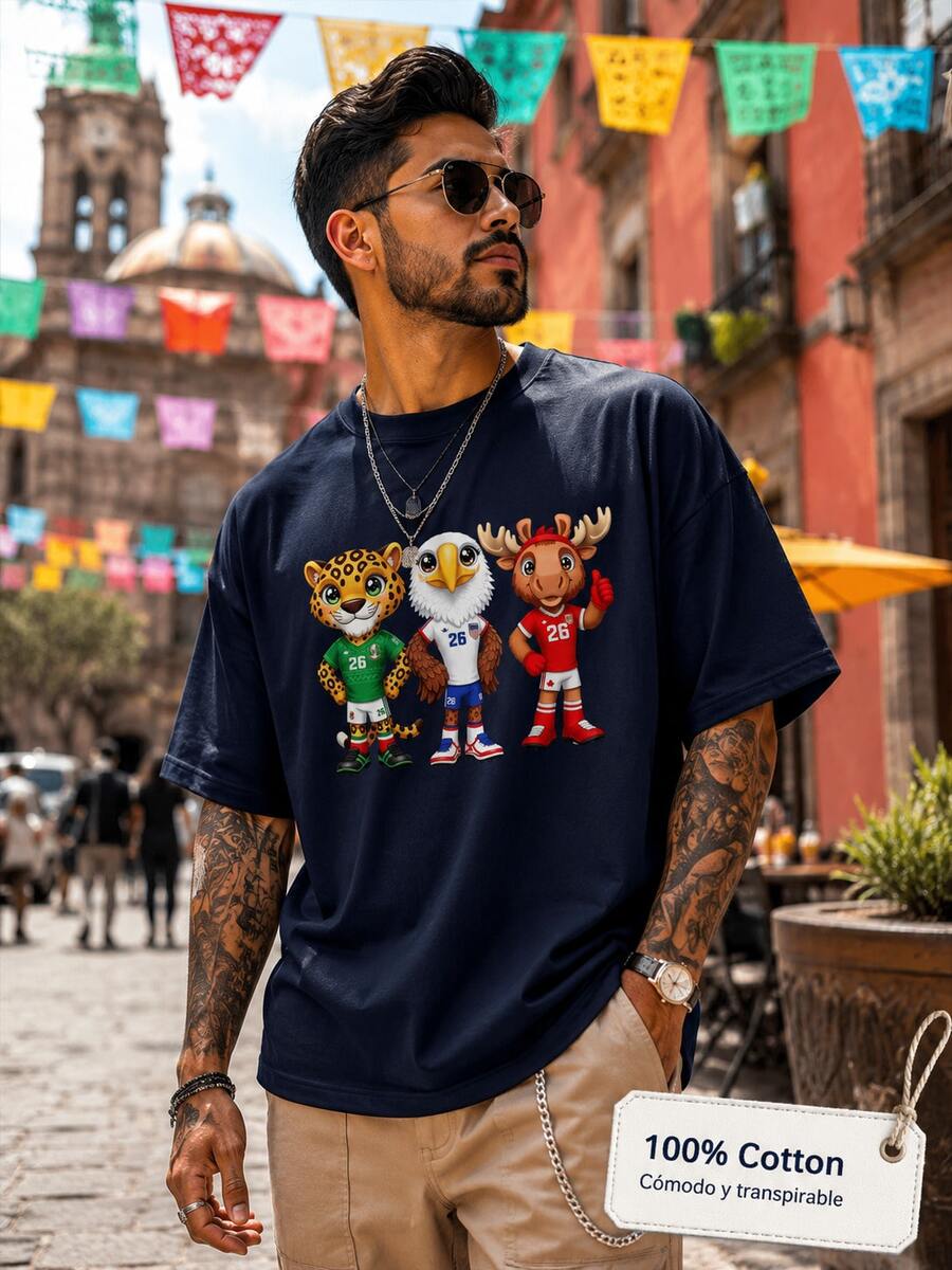 Camiseta de la mascota de la Copa Mundial 2026 de EE. UU.-Canadá-México con estampado de jaguar de dibujos animados / águila de cabeza blanca / alce, de algodón puro, manga corta, talla grande. - Negro - Ver 1