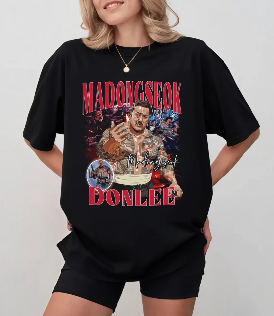 Black T-Shirt With Illustration Of Ma Dong-Seok And Red Text, Unisex Relaxed Fit - Black - View 1