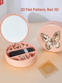 Pink Round Metal Butterfly Decorated Jewelry Box With Mirror, Portable Jewelry Storage Box, Travel Jewelry Box, Multifunctional Jewelry Box For Women To Hold Lipstick, Necklace, Earrings, Suitable As A Thoughtful Gift For Girls, Couples, Sisters, For Vacation, Engagement, Back To School, Business Trip, Office, Mother's Day, Wedding Season, Anniversary, Birthday - Multicolor - View 3
