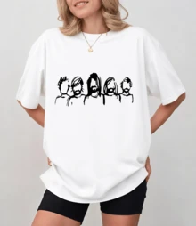 Doodle-Style Graphic T-Shirt Featuring Band Members, Unisex Relaxed Fit - White - View 12