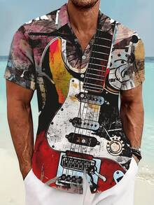 3D Printed Electric Guitar Art Shirt A Retro Rock And Roll Aesthetic This Short Sleeve Button Down Captures The Raw Energy Of Music With A Detailed And Abstract Depiction Of A Classic Guitar Featuring Grungy Textures Bold Colors And Dynamic Lines Making It A Perfect Gift For Any Music Enthusiast Or Art Lover A Vibrant Statement Piece For Casual Wear - White - View 1