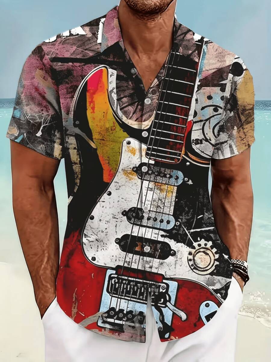 3D Printed Electric Guitar Art Shirt A Retro Rock And Roll Aesthetic This Short Sleeve Button Down Captures The Raw Energy Of Music With A Detailed And Abstract Depiction Of A Classic Guitar Featuring Grungy Textures Bold Colors And Dynamic Lines Making It A Perfect Gift For Any Music Enthusiast Or Art Lover A Vibrant Statement Piece For Casual Wear - White - View 1