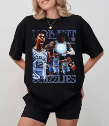 Black T-Shirt With Dynamic Ja Morant "Grizzlies" Collage, Unisex Relaxed Fit - Black - View 9
