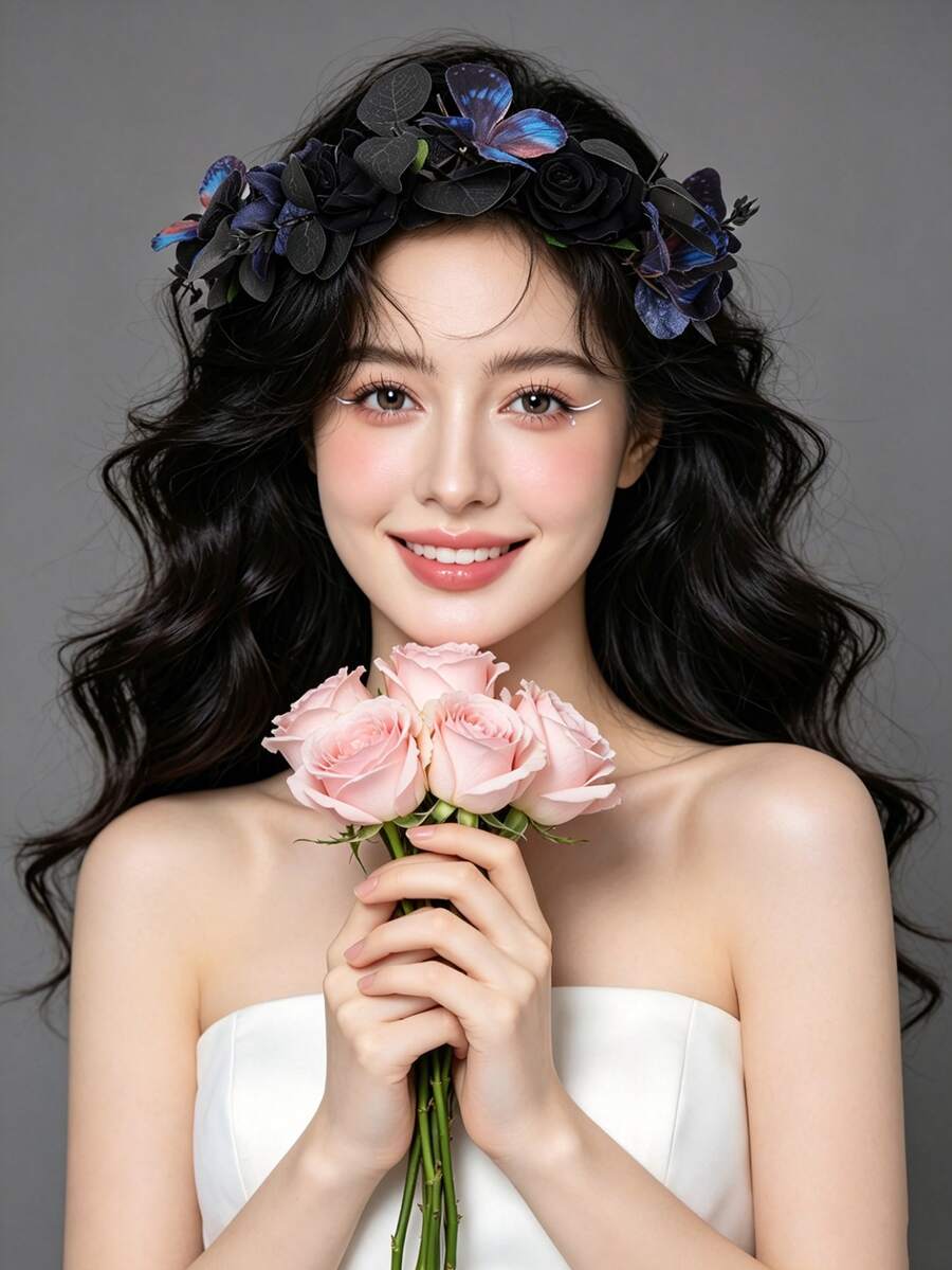 1件仿真玫瑰黑色花環髮箍,紅黑玫瑰蝴蝶花冠,萬聖節派對花卉髮飾,髮花環,頭飾花環 - 彩色 - 查看 1