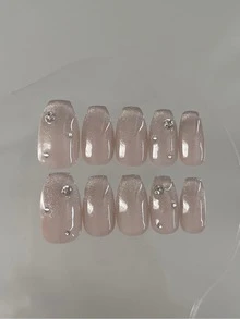 10片裝 Y2K 風格短款平貼手工美甲貼片，粉色蓮花貓眼日系短梯形貼片，水鑽裝飾，適合女性與女孩派對、日常配戴，亦可作為禮物的手工穿戴甲 - 淺粉色 - 查看 2
