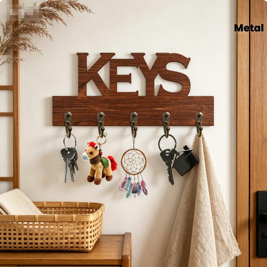 13.7x5.9 Inch Vintage Wall Mounted Key Rack With 5 Metal Hooks Printed With "Keys" Design, Easy To Install Entryway Key Storage Organizer Home Wall Decor - Multicolor - View 1