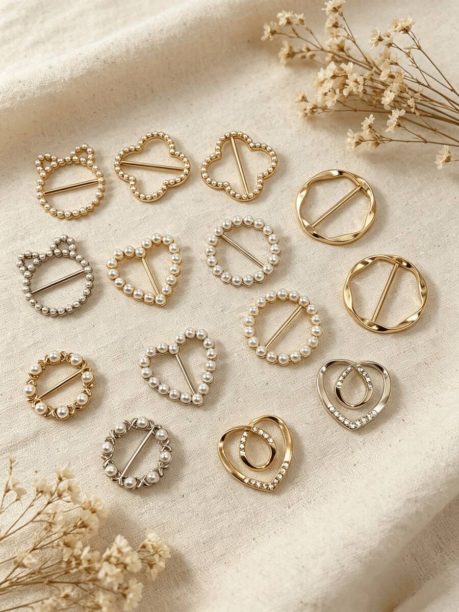 14pcs Silk Scarf Rings, T-Shirt Clips, Fashion Metal Rings, Dress Clips, Waist Cinchers, Clothing Rings & Wraps - 14PCS - View 1