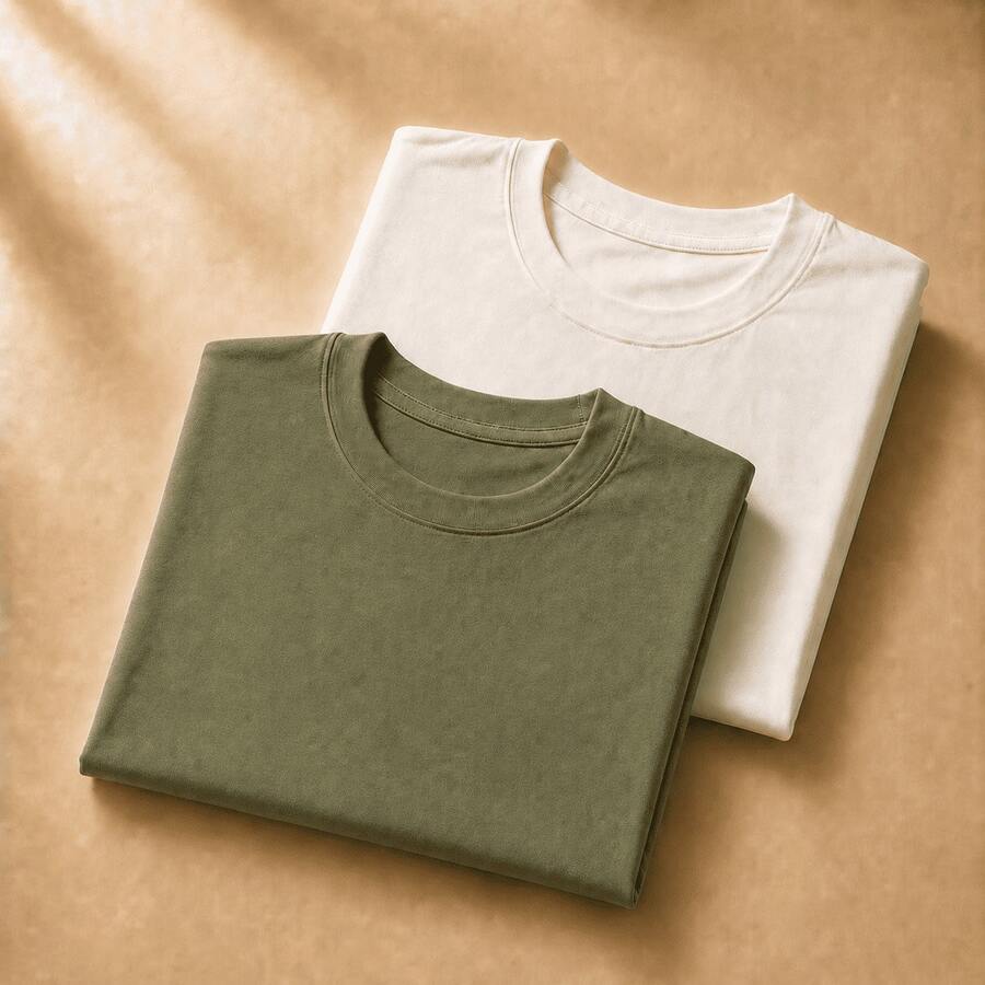 Set Of 2 Short-Sleeve Egyptian Cotton T-Shirts - 米白色和軍綠色 - 查看 1