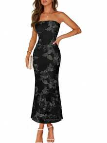 Women's Floral Strapless Maxi Dress, 2026 Summer Mesh Bandeau Slim Fit Formal Wedding Guest Cocktail Long Dress - 黑色 - 查看 14