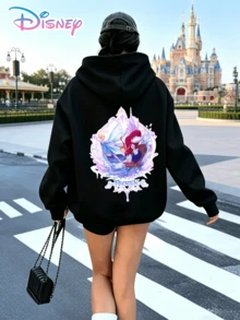 Disney FROZEN Frozen Sisters-Themed Hoodie: A Casual, Versatile, And Ethereal Style, Perfect For Everyday Wear At Home, Shopping, Dates, And Theme Park Photos. Full Of Festive Spirit. (Women's Autumn/Winter Clothing/Elegant Women's Outfits/Patterned Hoodies/Printed Tops/Casual Outfits For Women/Women Trending Now/Holiday Co-Ord/Plus Size Friendly) - Black - View 1