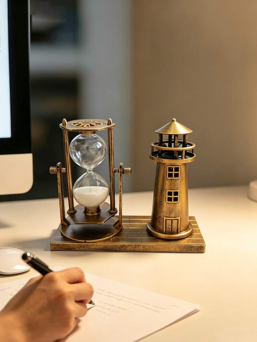 1pc Creative Bronze Plastic Lighthouse Sandy Clock - Simple Sand Leakage Decoration, Architectural Lighthouse Sandy Clock, Home Living Room Bedroom Desk Desktop TV Cabinet Crafts, Office Study Desktop Decoration Gifts/3D Crafts