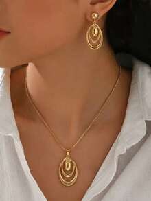 1 Set Collar y aretes de mujer con diseño geométrico ovalado para verano, con collar de colgante ovalado multicapa y diseño de aretes exagerados, elegante para uso diario y de moda para fiestas, gran regalo para novia o mejor amiga - Amarillo Oro - Ver 1