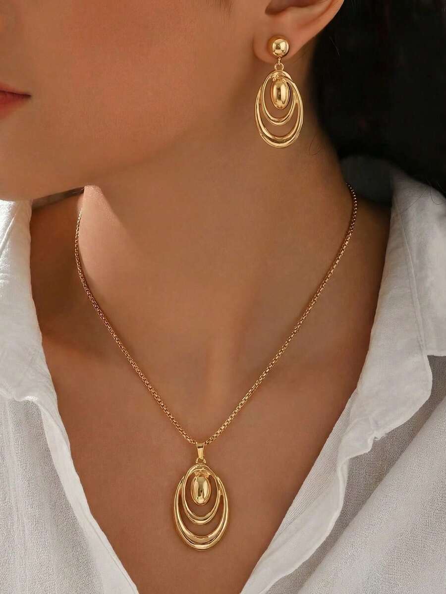 1 Set Collar y aretes de mujer con diseño geométrico ovalado para verano, con collar de colgante ovalado multicapa y diseño de aretes exagerados, elegante para uso diario y de moda para fiestas, gran regalo para novia o mejor amiga - Amarillo Oro - Ver 1