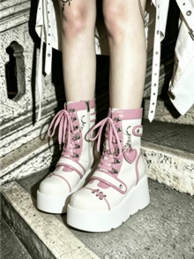 Womens Goth Ankle Boots Platform Chunky High Heel Lace Up Zipper Round Toe Combat Boots - 粉色 - 查看 1