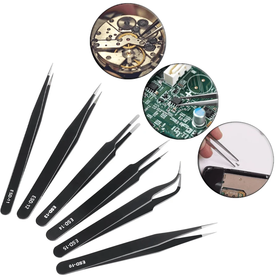 6pcs Precision Stainless Steel Anti-Static Tweezers Set, Suitable For Electronics, Lab Work, Jewelry Making, Handicrafts, Welding And More Scenarios - A - View 1