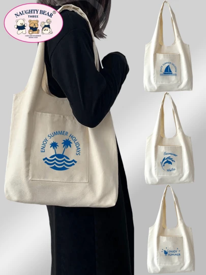 1pc Women's Fashion Canvas Tote Bag, Open-Top Canvas Bag With Summer Seaside Scenery Print, Shoulder Bag Handbag, Simple Carry-All Bag For Students, College Backpack, Travel Bag