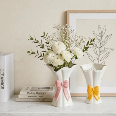 1pc Elegant Bowknot Accent Fluted Ceramic Vase, White Minimalist Flower Vase With Sculpted Ribbed Texture, Modern Aesthetic Vase, Perfect Home Decor For Living Room, Bedroom, Coffee Table, Wedding Centerpieces, Ideal Housewarming Gift
