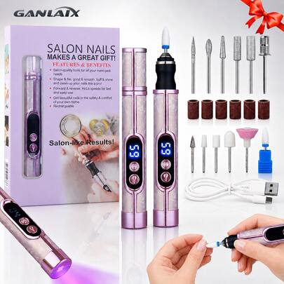  GANLAIX 12位电动指甲打磨套装，多功能指甲钻，USB充电 - 适用于厚指甲的指甲打磨机，专业多速电动指甲锉，指甲抛光护理塑形工具，专业美甲打磨工具，女士佳礼，品质优良，价格合理