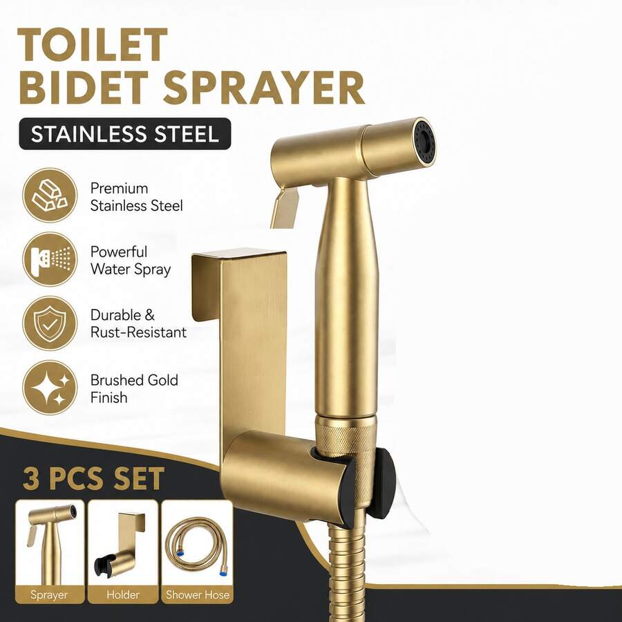 1pc Stainless Steel Non-Electric Anti-Explosion Toilet Companion Set, Including Shower Arm & Mist Separator, No Battery Included - Brushed Gold - View 1